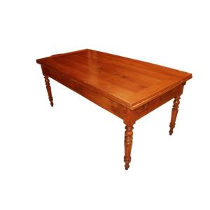 Rustic Extendable Cherry Wood Table – Mid-19th Century, With Drawer & Pull-out Shelf