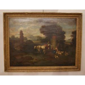 Huile Sur Toile Italien Des Annees 1700 Paysage Pastoral Avec Personnages Et Animaux