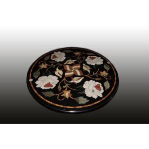 Mid-1900s Italian Coffee Table With Black Marble Top With Semi-precious Stone Inlays And Missin