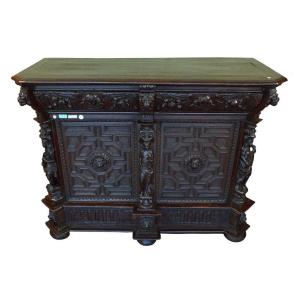 Oak Sideboard With Two Doors And A Drawer Under The Top. Entirely Carved And Sculpted With Bamb