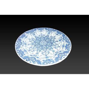 Large Plate From The 1800s In Blue Decorated Ceramic On A White Background