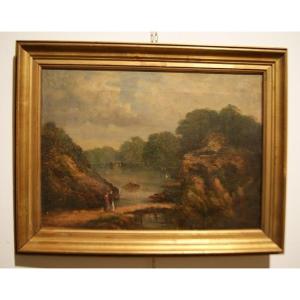 Oil On Canvas Country Landscape With Figures And Waterways From The Annes 1800