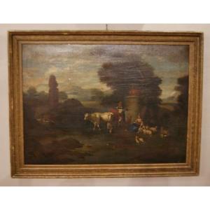 Italian Oil On Canvas From The 1700s Pastoral Landscape With Characters And Animals