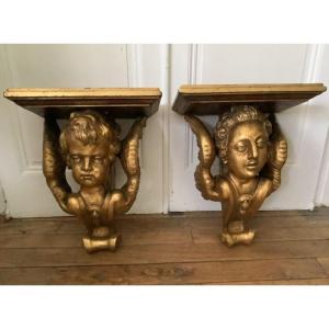 Pair Of Gilded Wood Wall Consoles