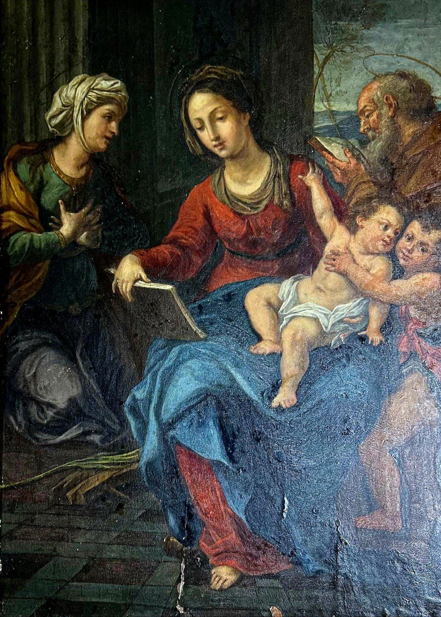 Peinture Ancienne Du XVIe Siècle! La Sainte Famille Avec Sainte Elisabeth Et Saint Jean Bapt-photo-2