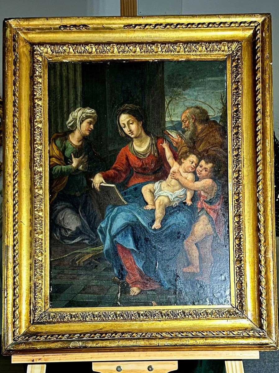 Peinture Ancienne Du XVIe Siècle! La Sainte Famille Avec Sainte Elisabeth Et Saint Jean Bapt-photo-3