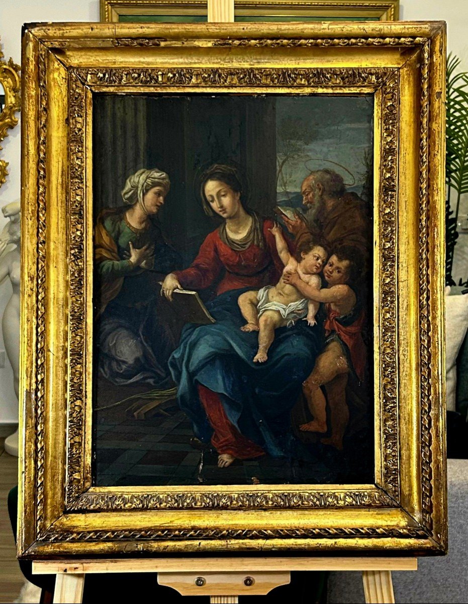 Peinture Ancienne Du XVIe Siècle! La Sainte Famille Avec Sainte Elisabeth Et Saint Jean Bapt