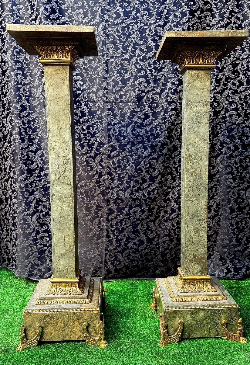 Pair Of Column In Green Marble • Architectural Element Whit Bronze-photo-4