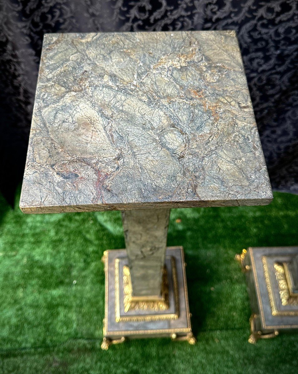 Pair Of Column In Green Marble • Architectural Element Whit Bronze-photo-1