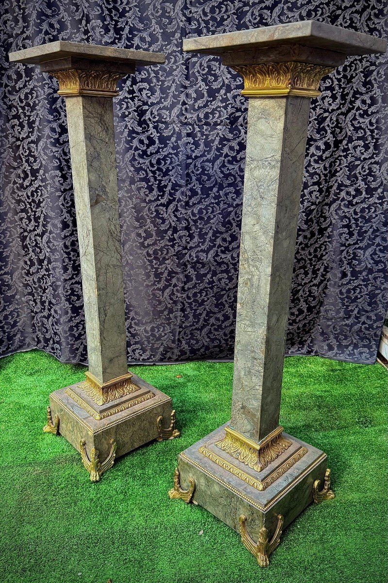 Pair Of Column In Green Marble • Architectural Element Whit Bronze-photo-2