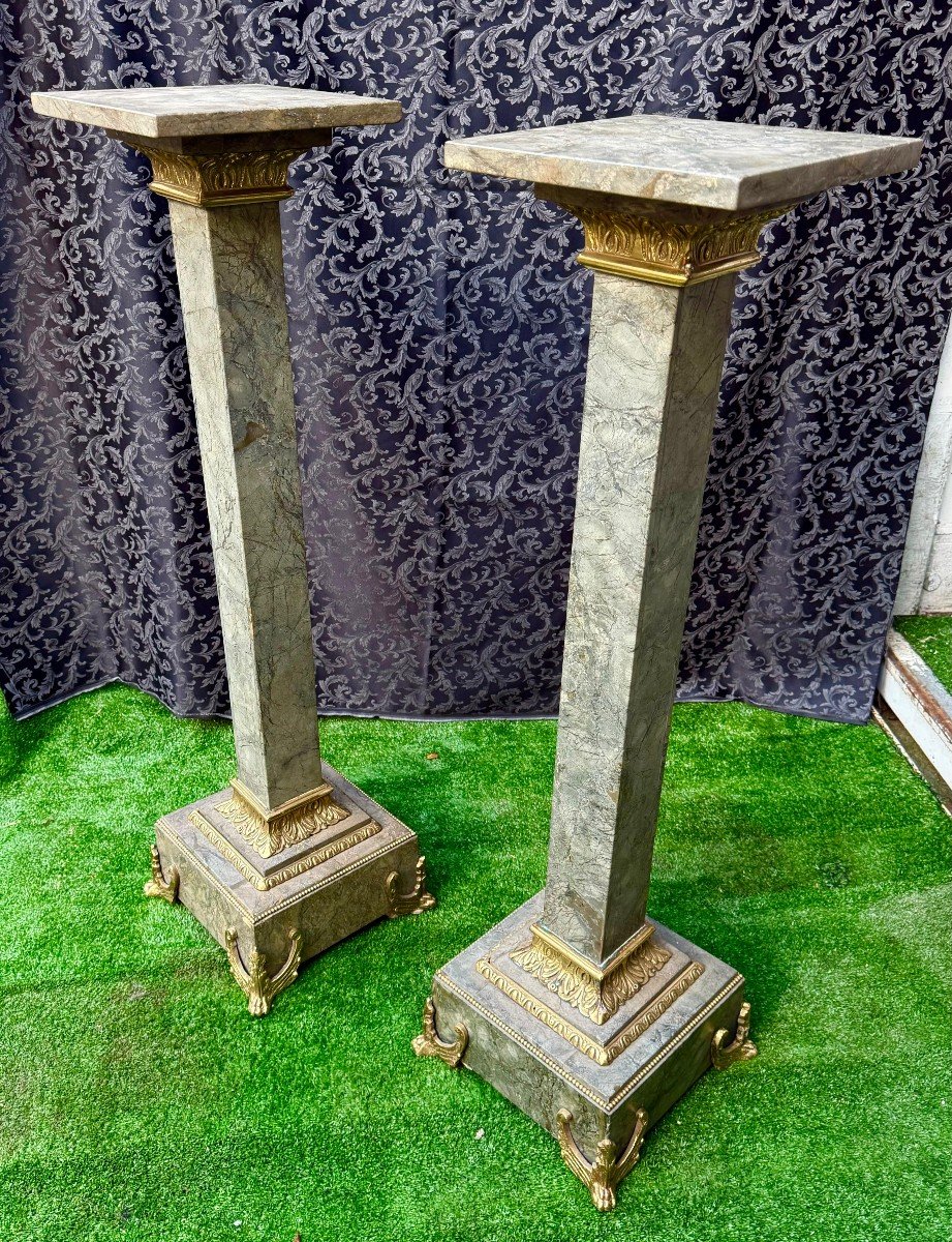 Pair Of Column In Green Marble • Architectural Element Whit Bronze-photo-6