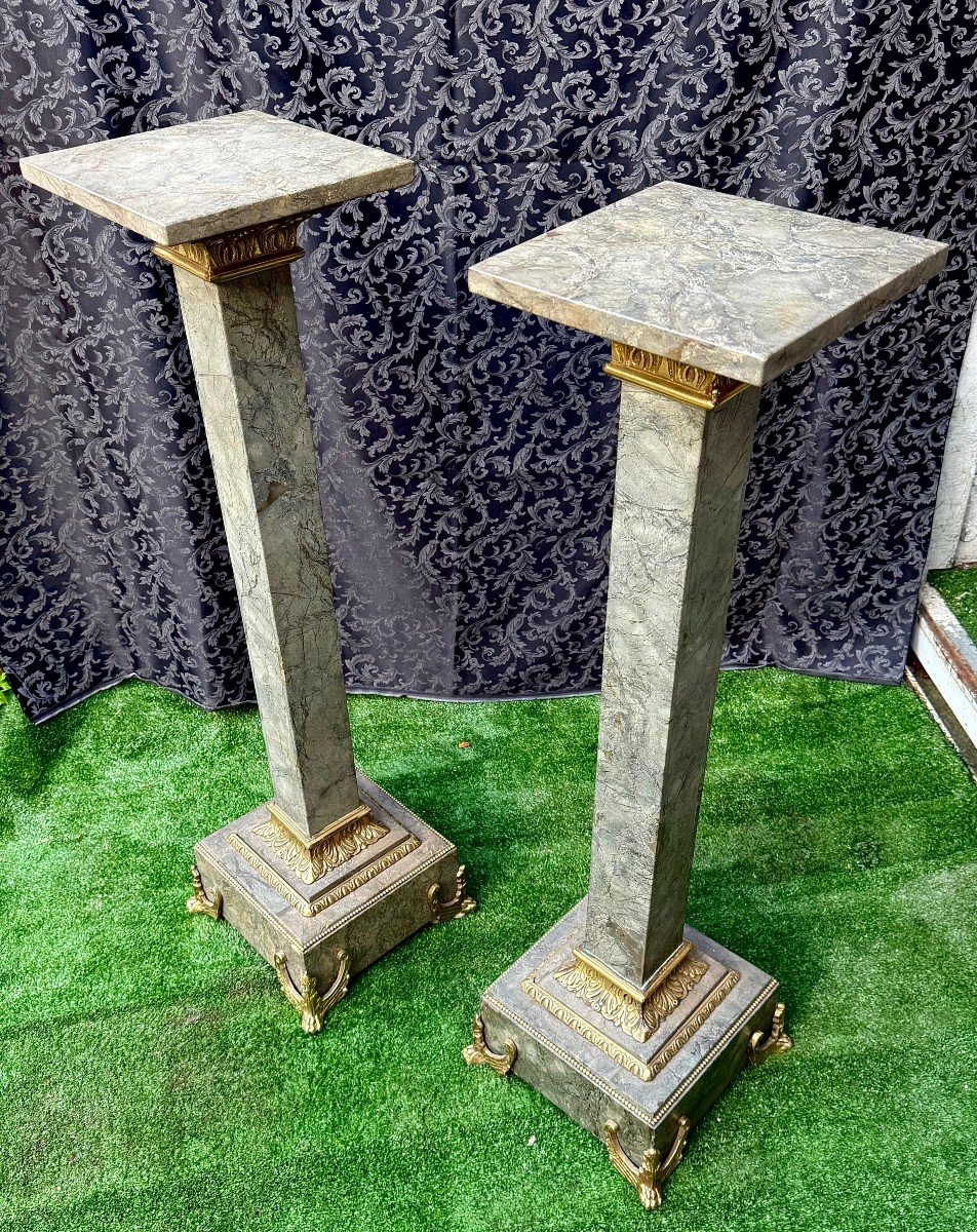 Pair Of Column In Green Marble • Architectural Element Whit Bronze