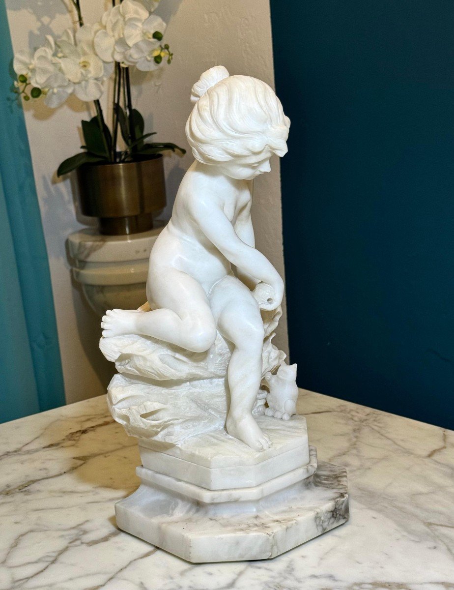 Statue Depicting A Little Boy Playing With A Kitten Marble-photo-2