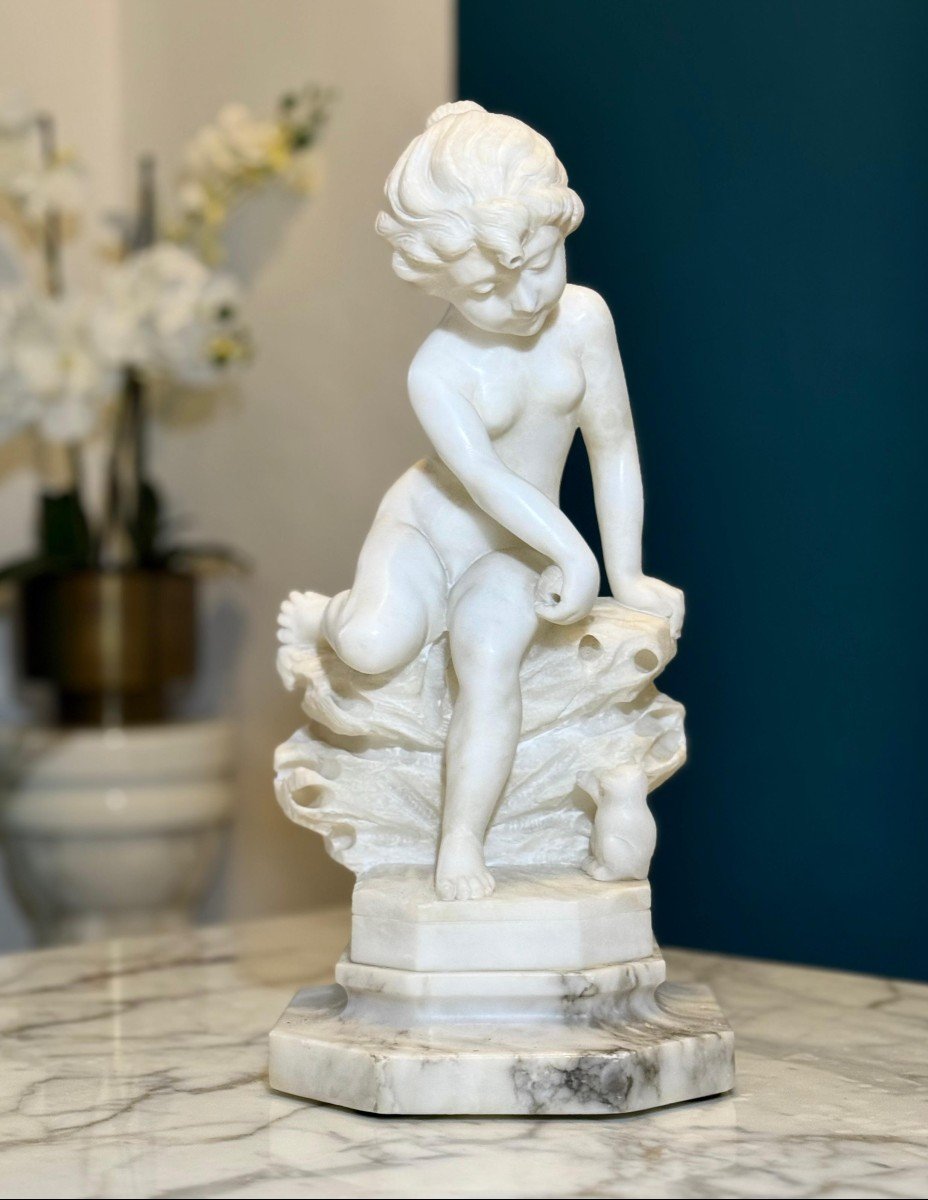 Statue Depicting A Little Boy Playing With A Kitten Marble-photo-3