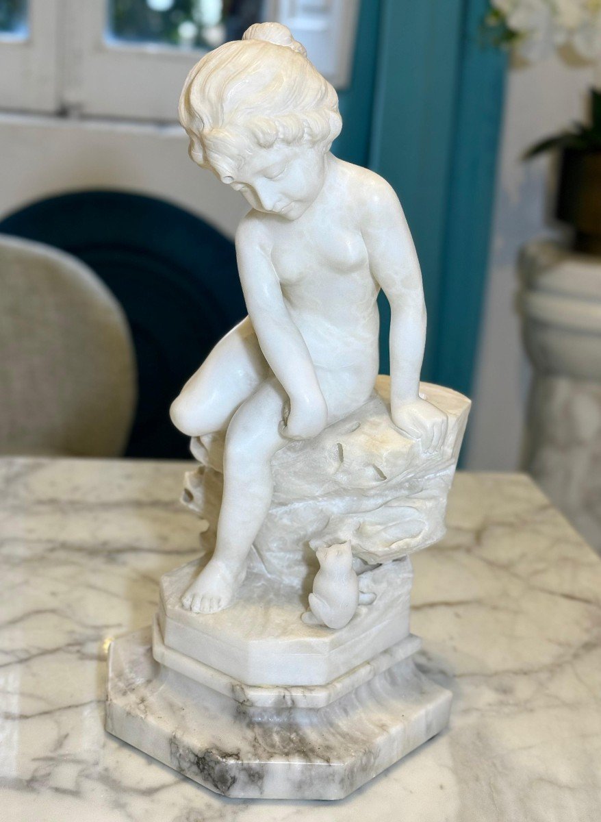 Statue Depicting A Little Boy Playing With A Kitten Marble-photo-4