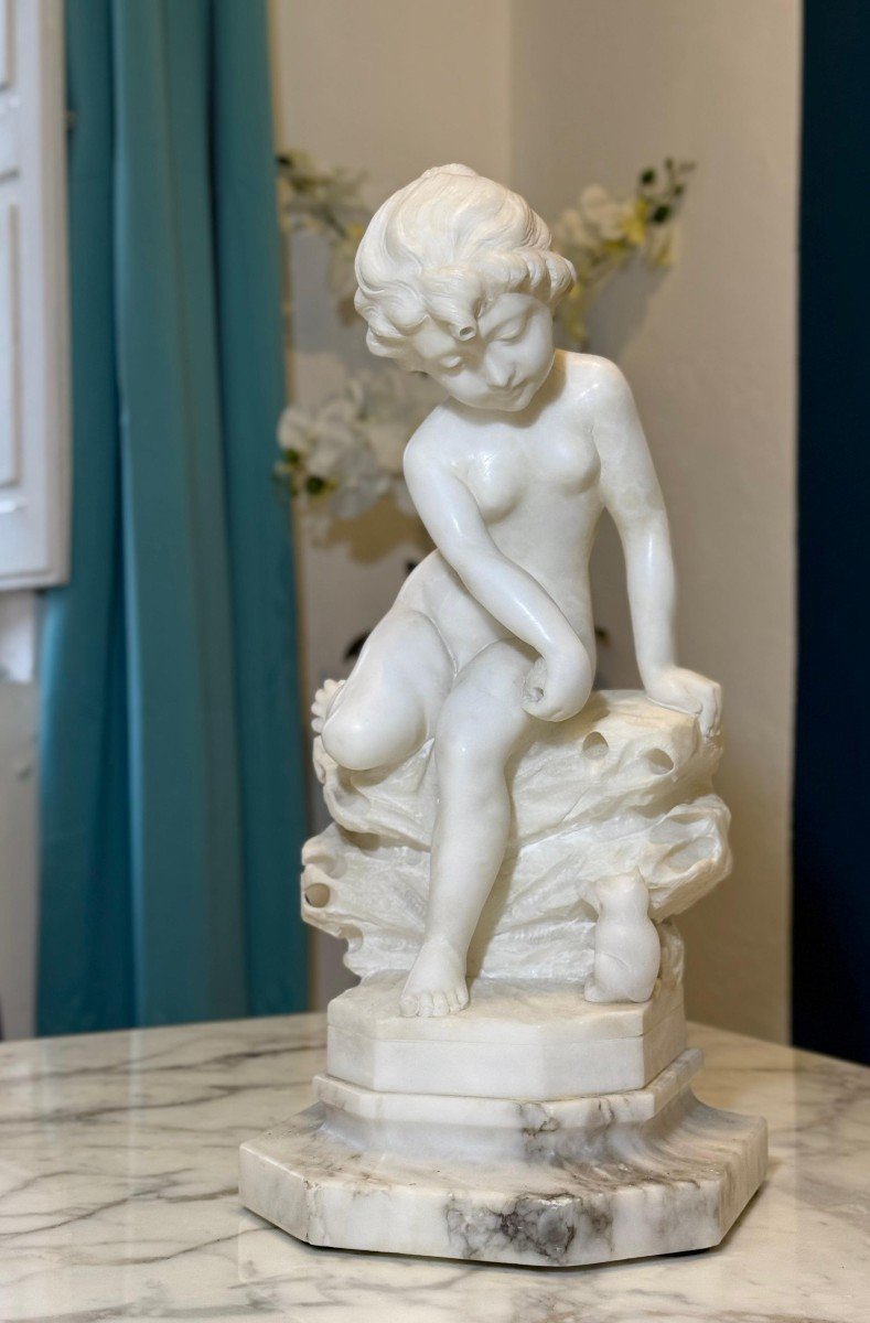 Statue Depicting A Little Boy Playing With A Kitten Marble-photo-7