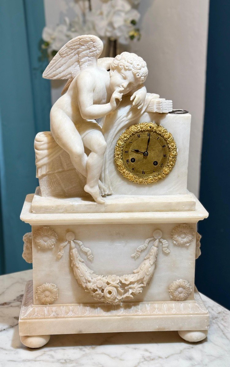 French Clock In Alabaster With Sculpture Depicting A Little Angel-photo-2