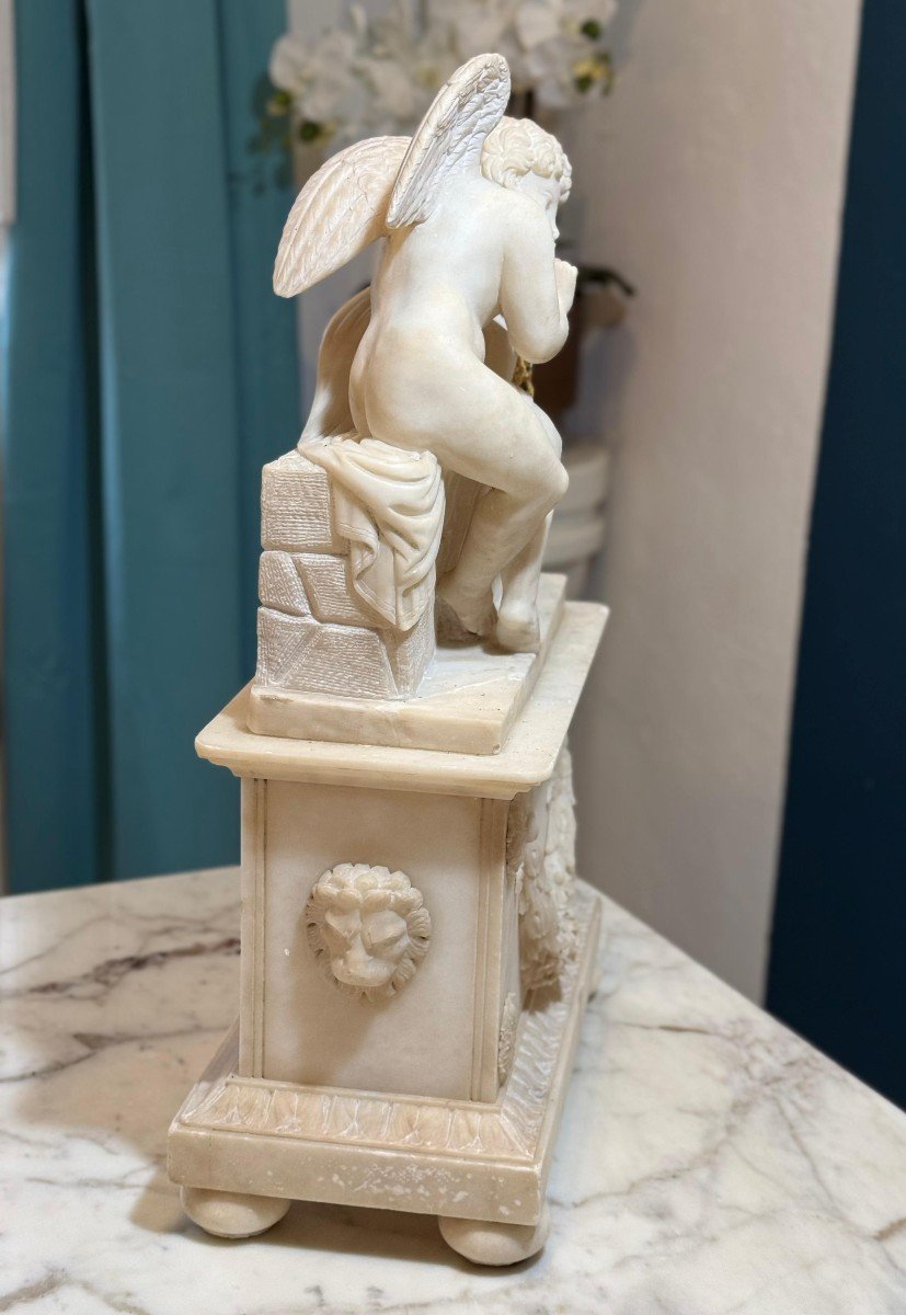 French Clock In Alabaster With Sculpture Depicting A Little Angel-photo-3