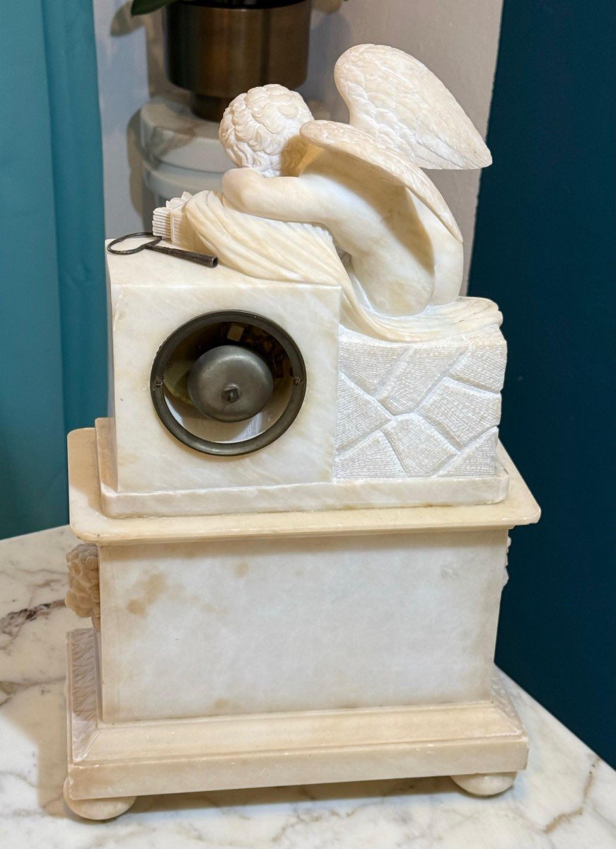 French Clock In Alabaster With Sculpture Depicting A Little Angel-photo-4