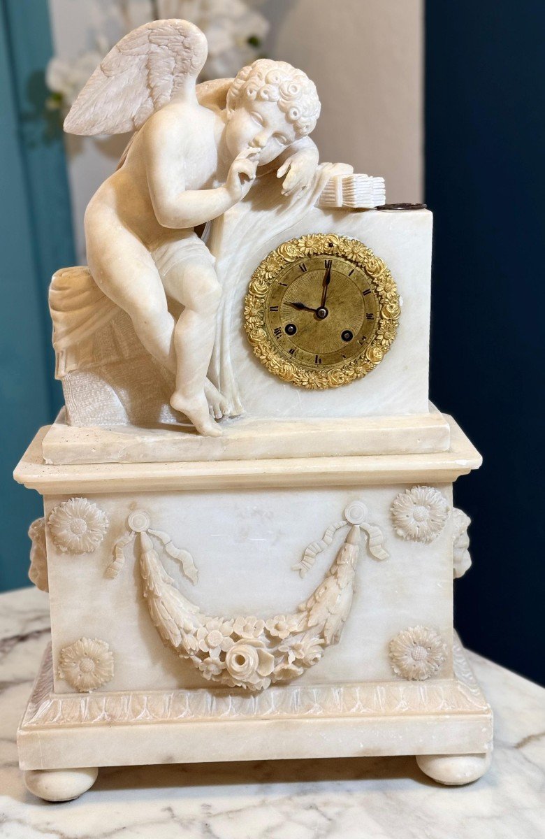 French Clock In Alabaster With Sculpture Depicting A Little Angel-photo-6