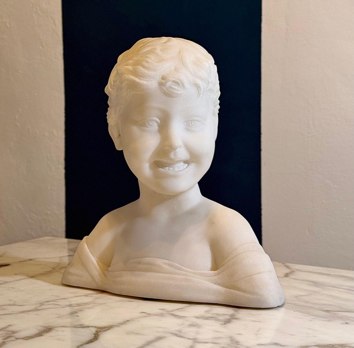 Bust Depicting A Beautiful Little Boy Smiling Marble