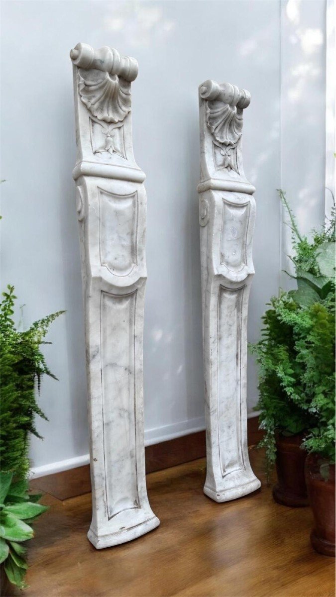 Pair Of Architectural Elements Statuario White Carrara Marble 19th Century Period-photo-5