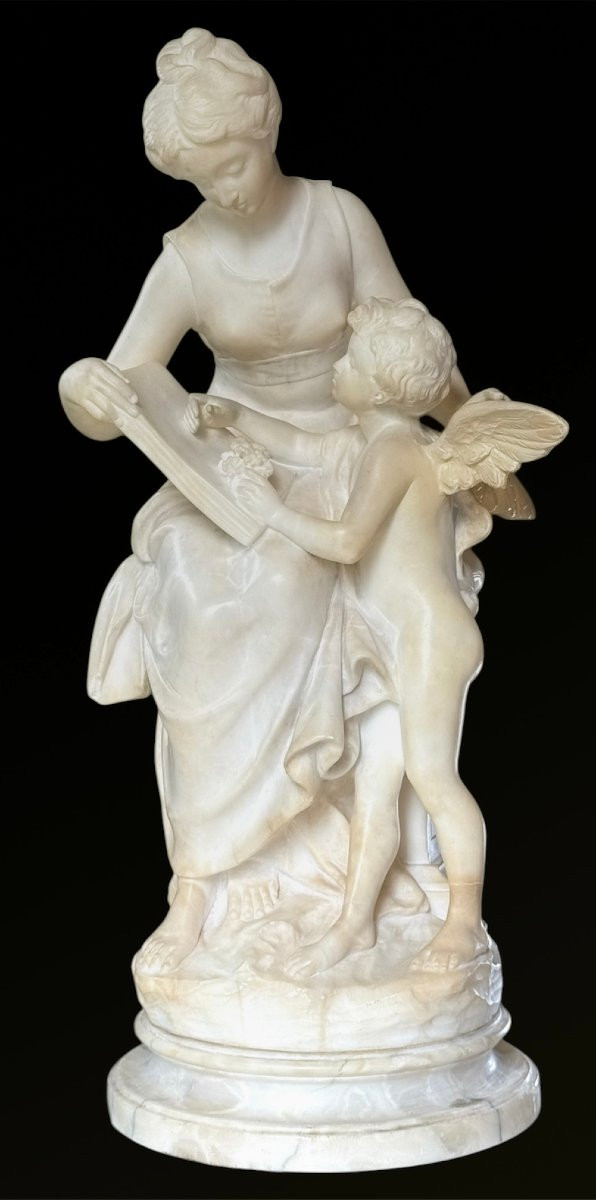 Statue Depicting Young Girl Sitting Smiling And Playing With Eros, Marble-photo-2