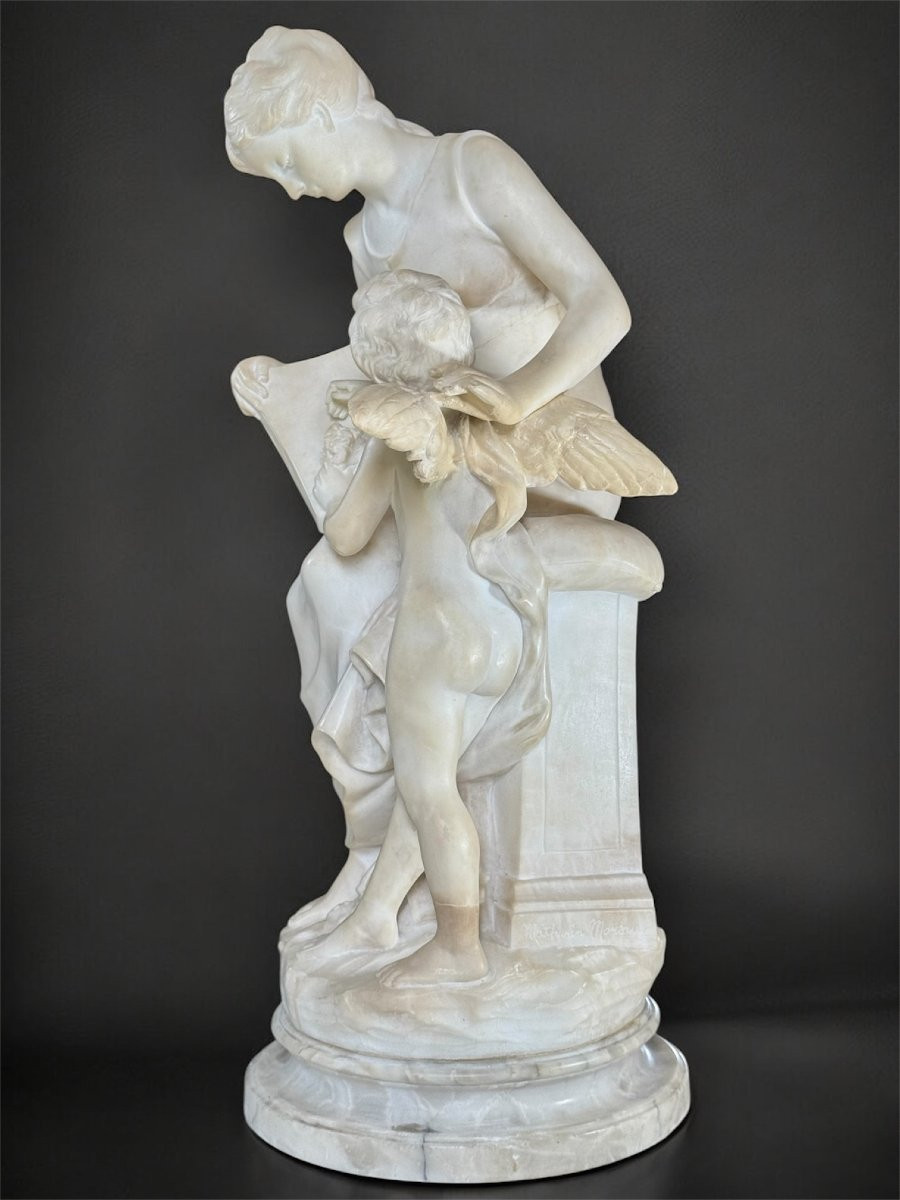 Statue Depicting Young Girl Sitting Smiling And Playing With Eros, Marble-photo-3