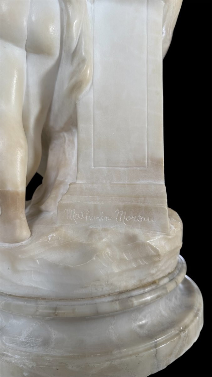 Statue Depicting Young Girl Sitting Smiling And Playing With Eros, Marble-photo-4