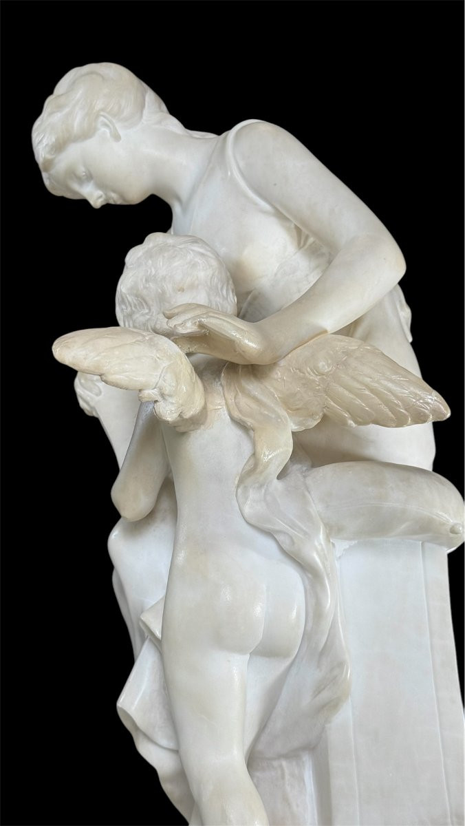 Statue Depicting Young Girl Sitting Smiling And Playing With Eros, Marble-photo-1