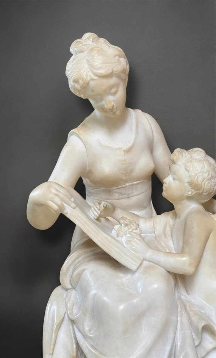 Statue Depicting Young Girl Sitting Smiling And Playing With Eros, Marble-photo-2