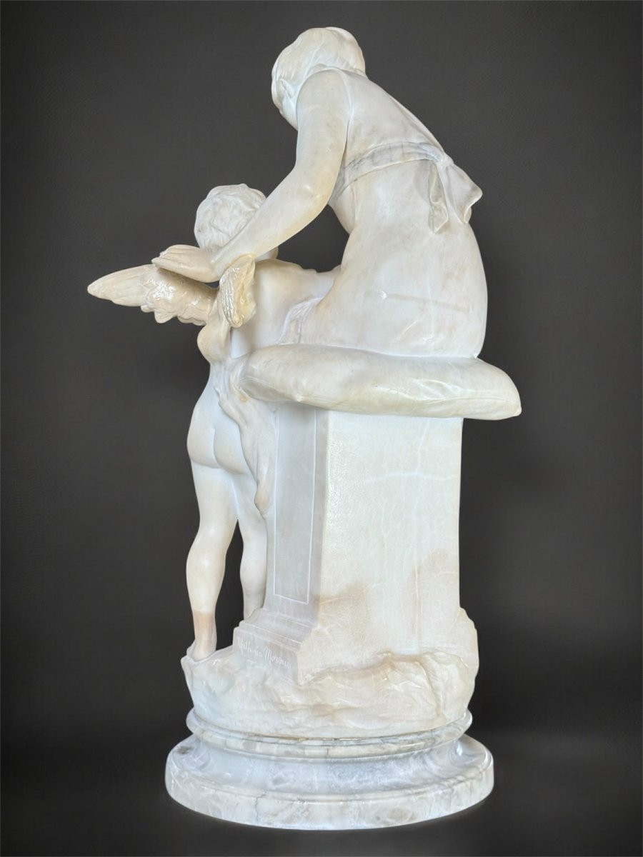 Statue Depicting Young Girl Sitting Smiling And Playing With Eros, Marble-photo-3