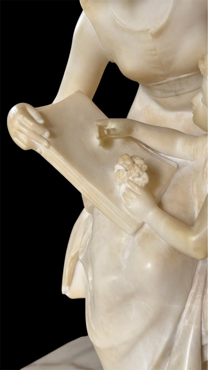 Statue Depicting Young Girl Sitting Smiling And Playing With Eros, Marble-photo-5