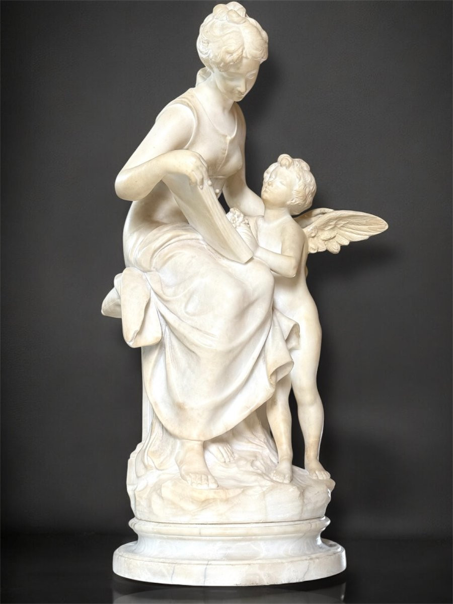 Statue Représentant Une Jeune Fille Assise, Souriante Et Jouant Avec éros Marbre Carrara Moreau-photo-6