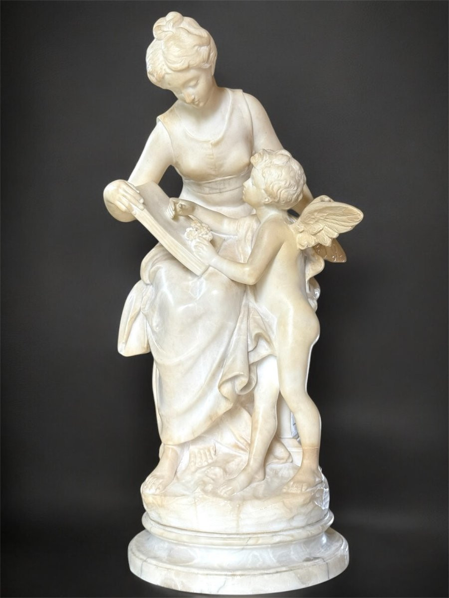 Statue Depicting Young Girl Sitting Smiling And Playing With Eros, Marble-photo-7