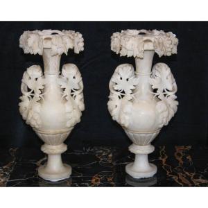 Pair Of Vases With Floral Decorations Marble 