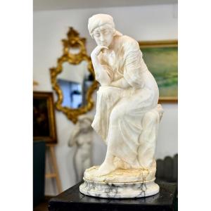 Statue Depicting A Lady Sitting, With One Hand On The Chin Marble