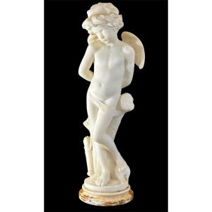 Great Sculpture Depicting An Angel "l'amour Entravè" Denise Delavigne,  Carrara Marble 