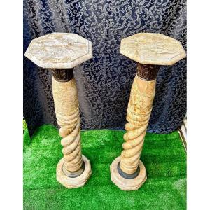 Paire De Chapiteaux/Colonnes En Marbre Travertin Jaune Et Bronze