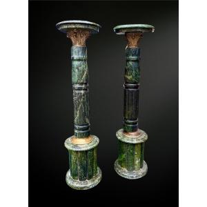 Pair Of Column In Green Marble • Architectural Element Whit Bronze