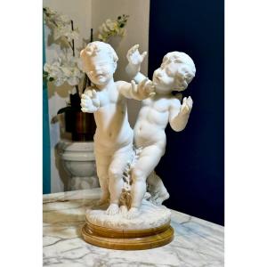 Sculptures Jeunes Anges Jouant Carrara Marbre 