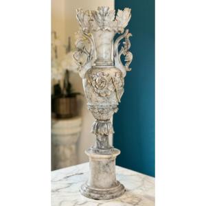 Vase Antique En Marbre Arabesque Avec Colonne En Marbre