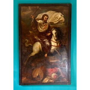 Great Antique Painting Depicting St. James The Greater On Horseback  Oil On Canvas XVII° 