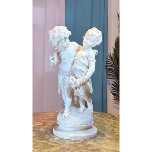 Statue Depicting Two Children Artwork By French Sculptor Auguste Moreau (1834 - 1917) Marble 