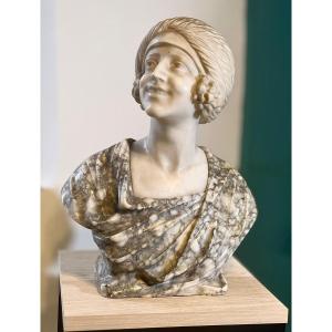 Bust Depicting A Lady Smiling In White Statuary Carrara Marble And Arabesque Marble