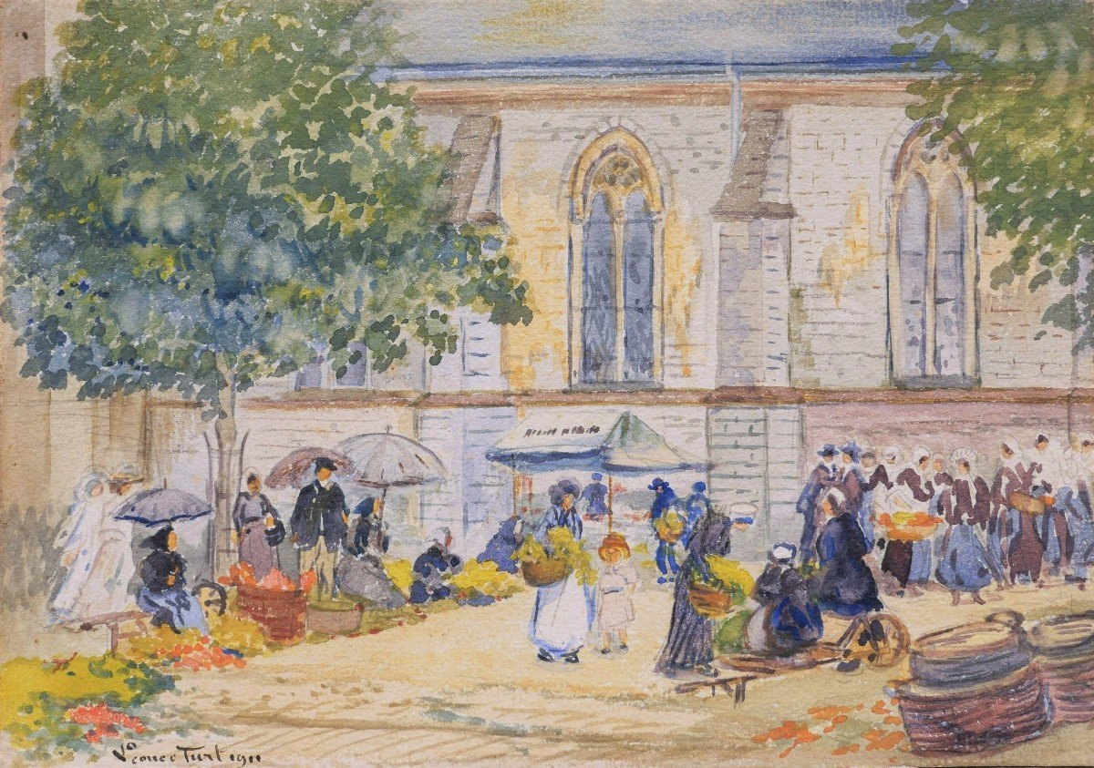 Pierre Léonce FURT, Scène de marché en Bretagne, aquarelle