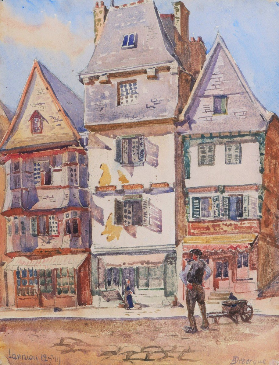 André Alfred Debergue, Animated Street In Lannion In Brittany