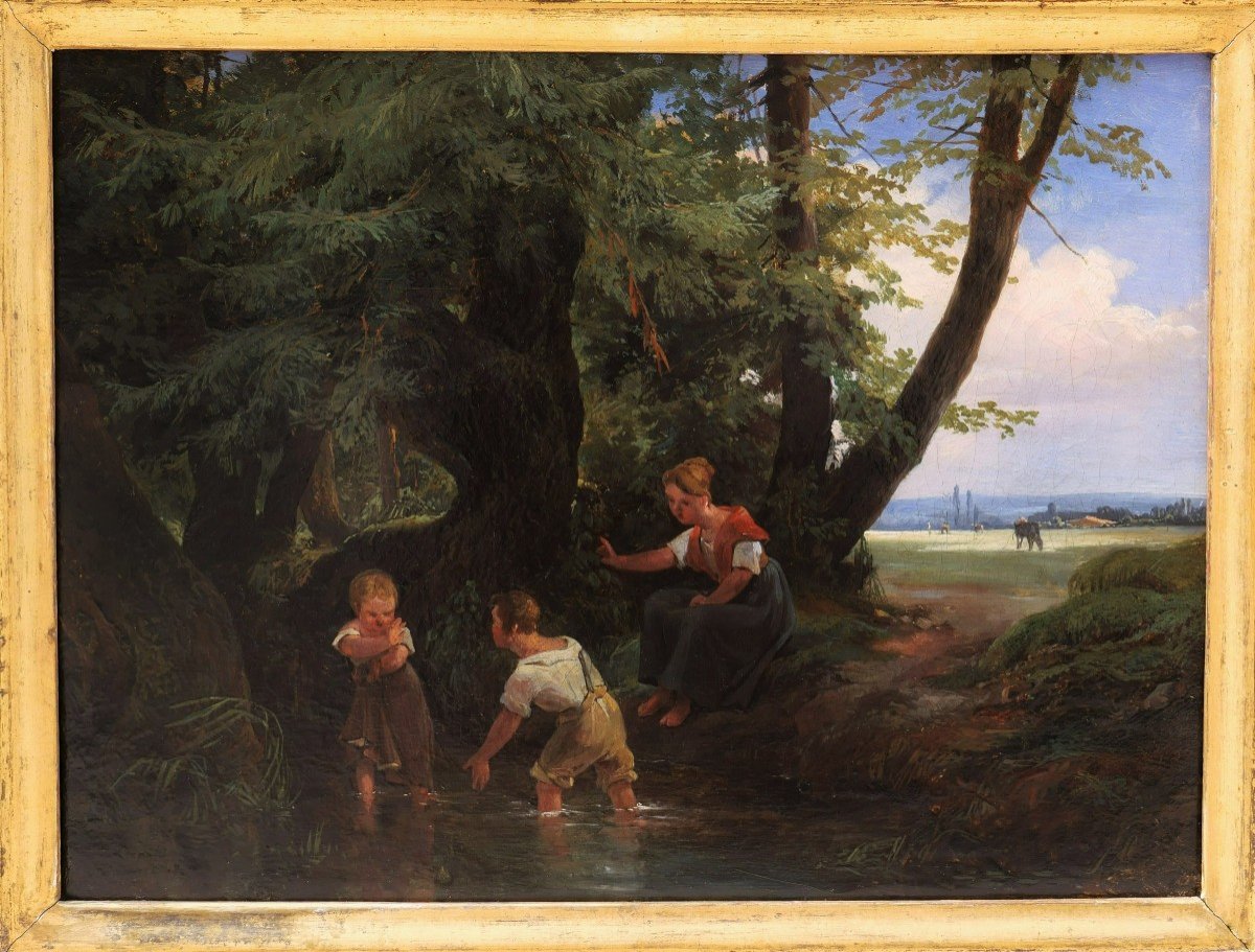 Robert-léopold Leprince, Three Children Bathing In A Pond-photo-1