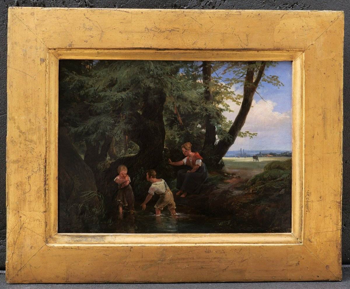 Robert-léopold Leprince, Three Children Bathing In A Pond-photo-2