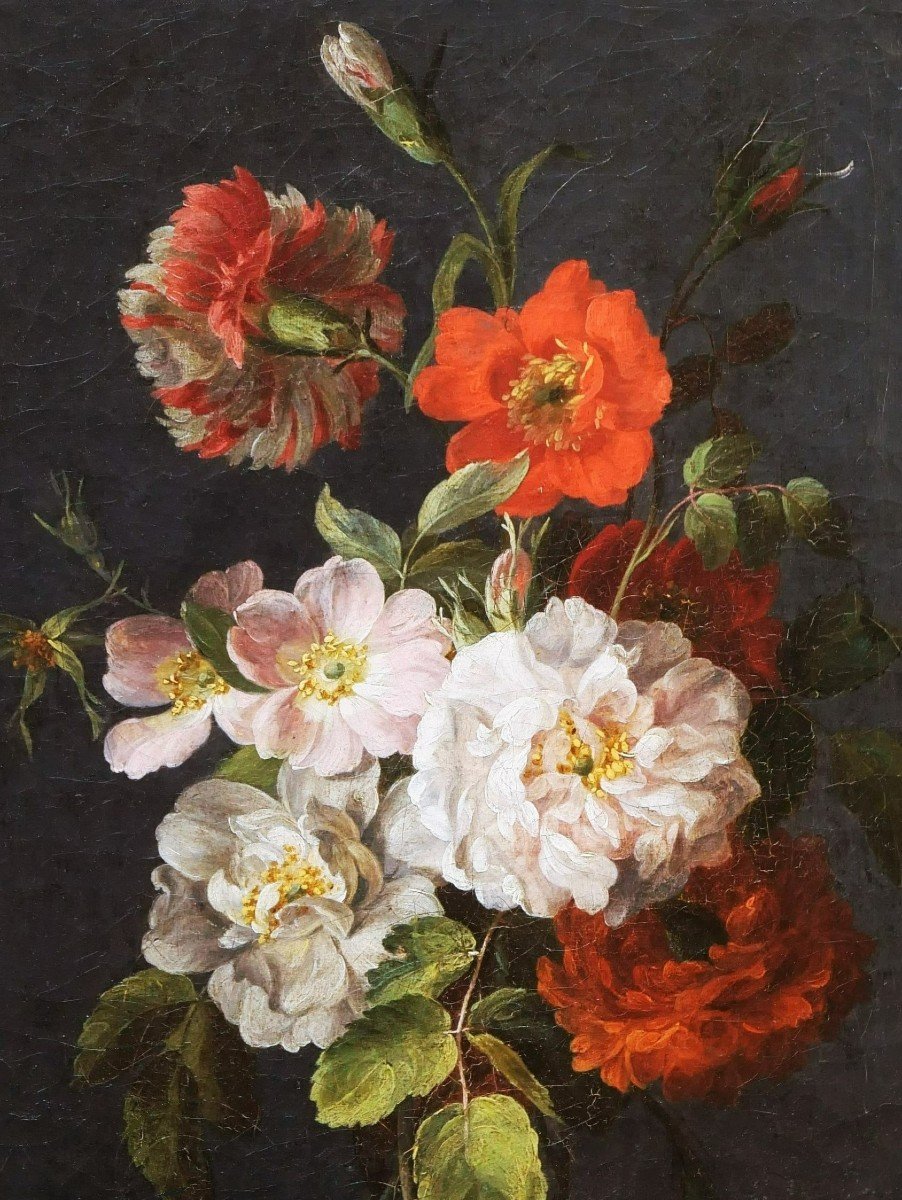 French School Circa 1800, Bouquet Of Flowers On A Gray Background-photo-2